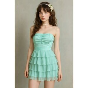VTG Y2K Arden B Aqua Satin Tiered Ruffle Mini Dress Large Coquette Fairy Indie